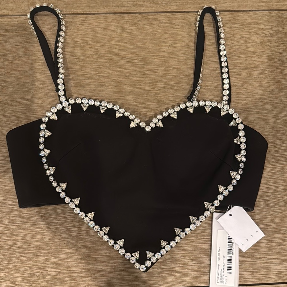 AREA Black Heart Embellished Crop Top